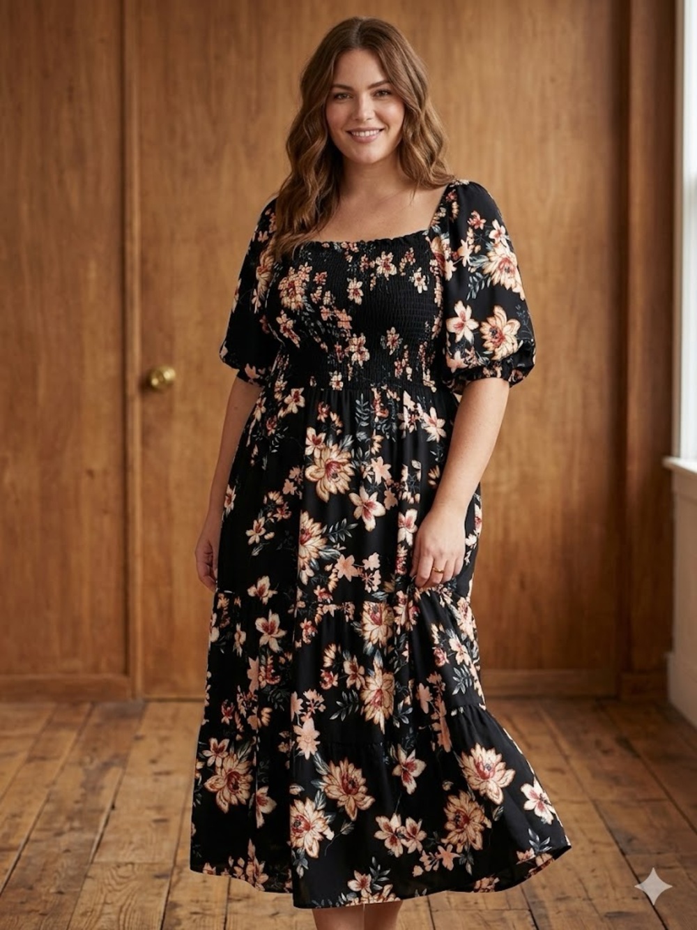 NWOT Smocked Square-Neck Black Floral Maxi Dress